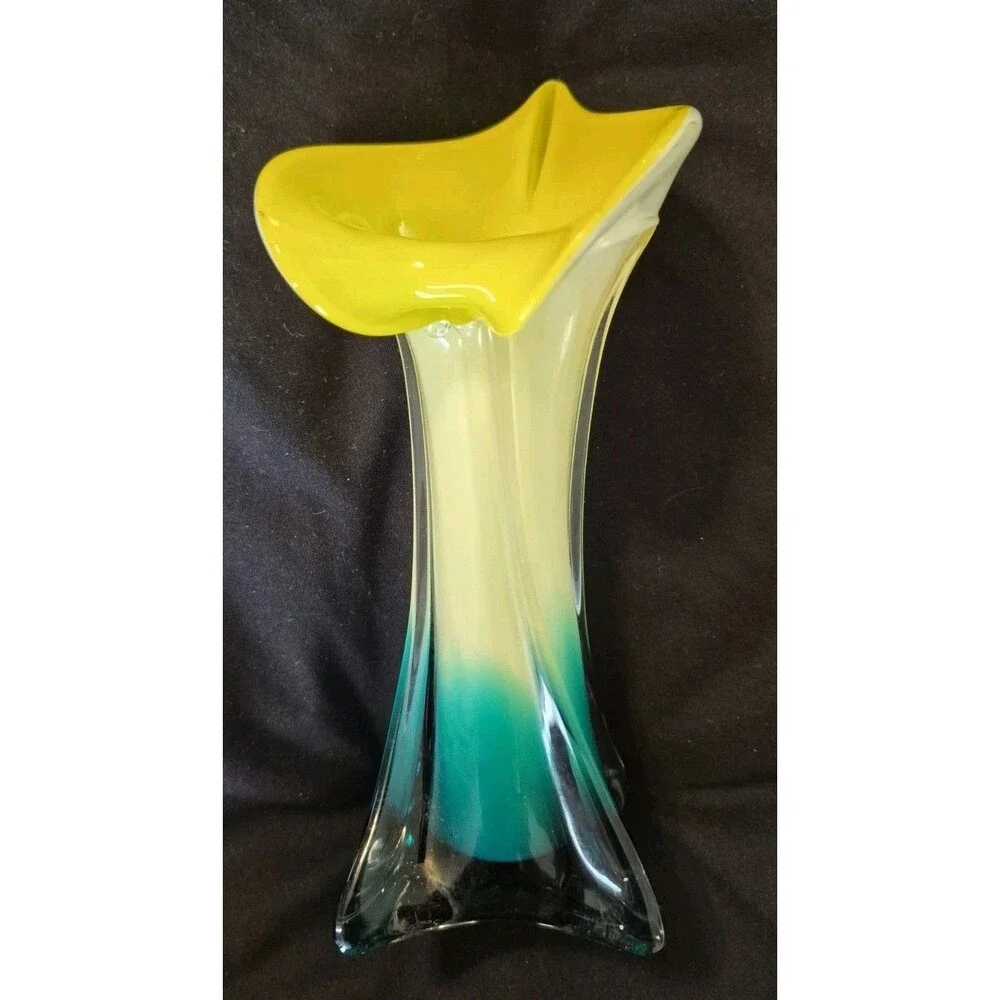 Vtg Hand Blown Murano Style Vase Calla Lilly Ombre Yellow White Blue 8 Inches